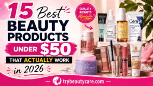 Colorful beauty thumbnail showcasing budget-friendly skincare products, makeup palette, serum, moisturizer, and cosmetic essentials under $50