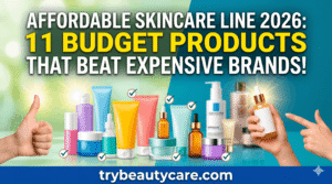 Budget-friendly skincare products featuring vitamin C serum and moisturizer
