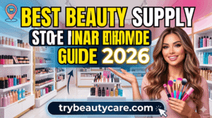 beauty supply store shelves with skincare and makeup products