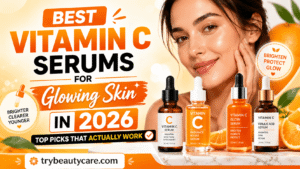 Brightening face serum collection with vitamin C skincare products for healthy glowing skin