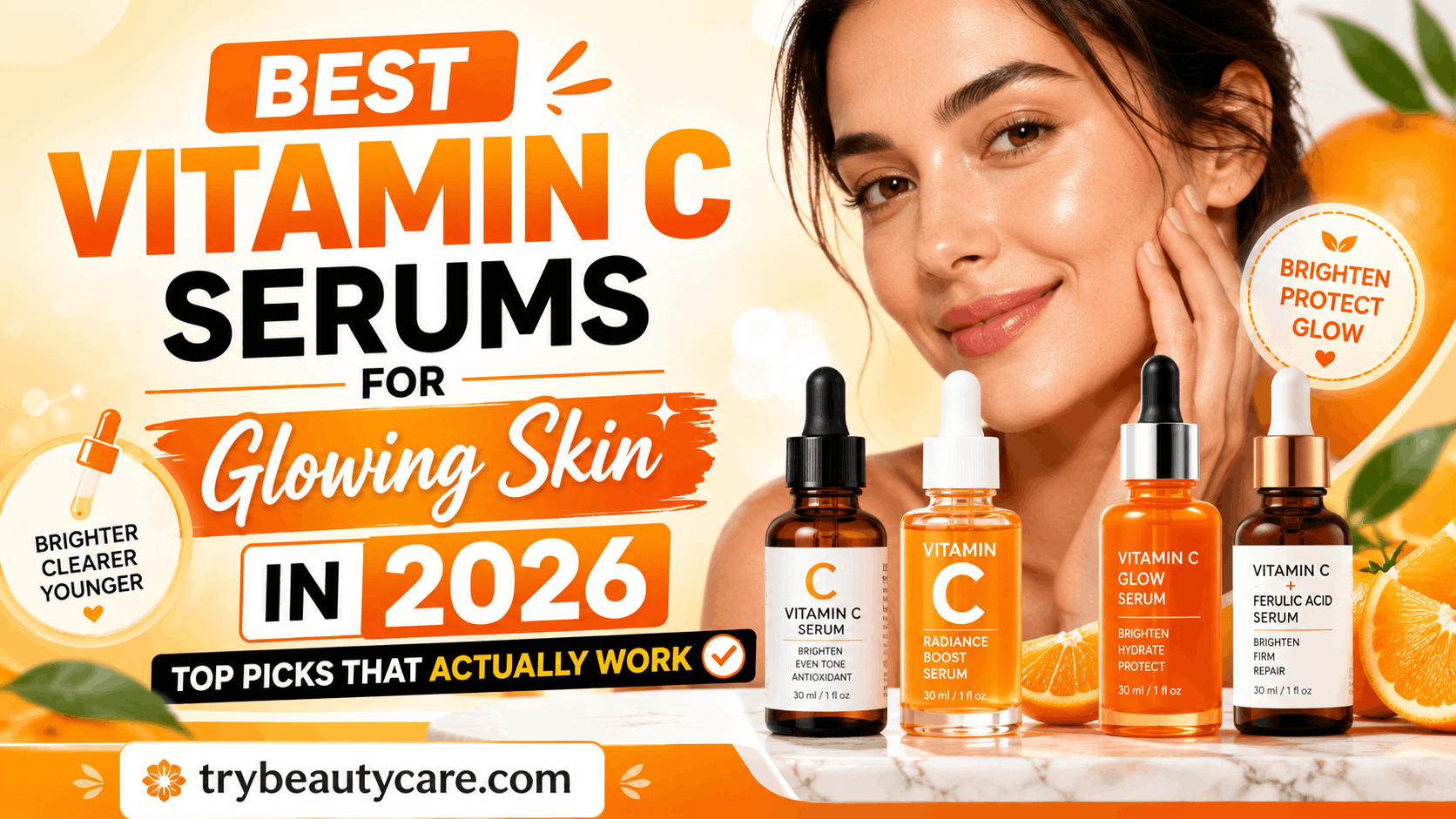 Brightening face serum collection with vitamin C skincare products for healthy glowing skin