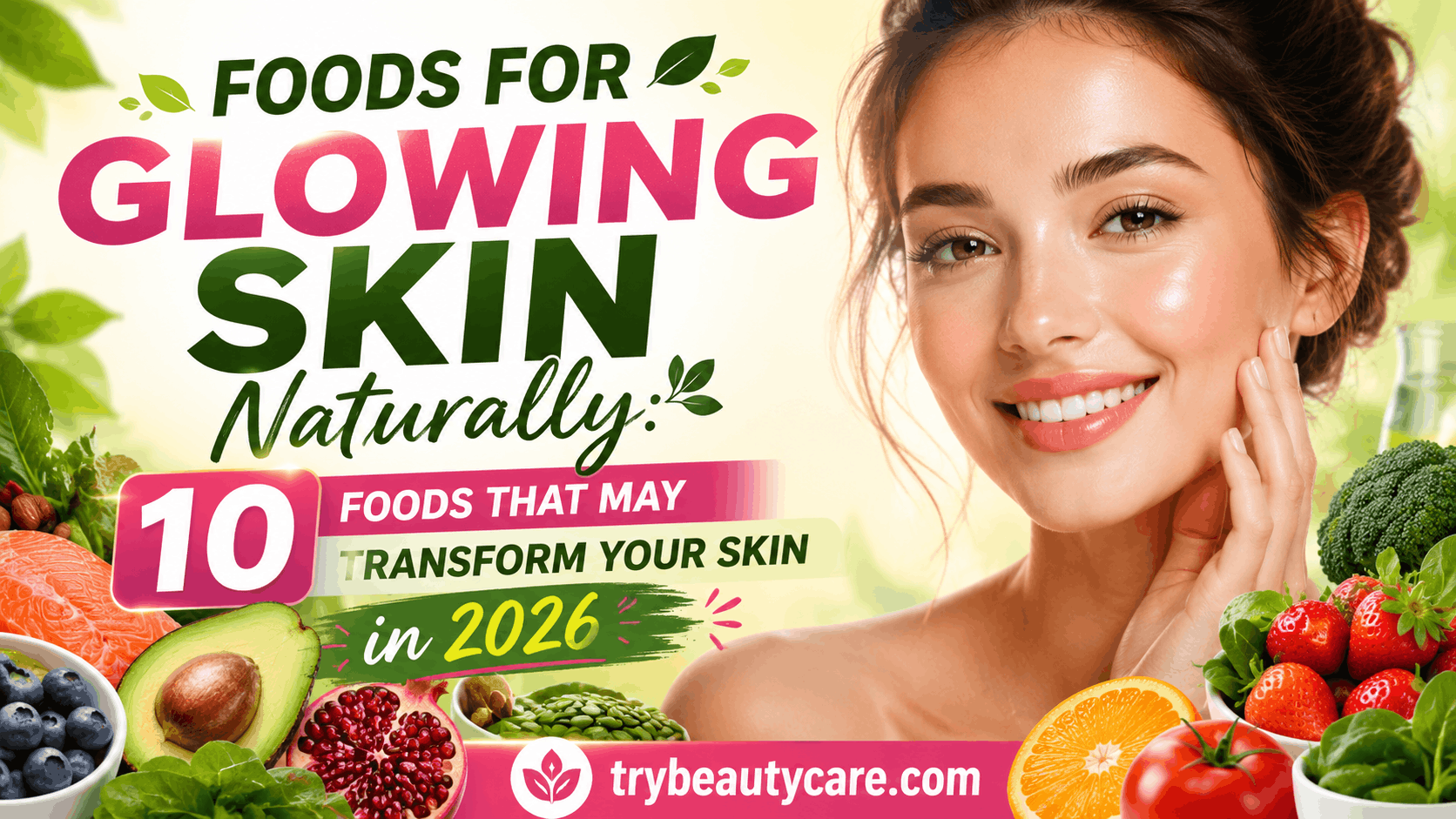 Healthy skin foods collage showing fruits, vegetables, and nuts for glowing skin diet