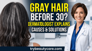 young adult noticing premature gray hair near temples before age 30