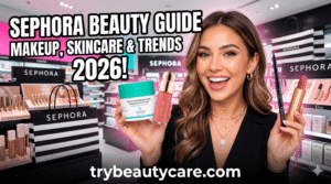 luxury makeup and skincare products display in beauty shop