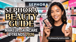 modern beauty store interior with skincare and cosmetics collection