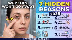 Woman with dark circles looking tired in mirror