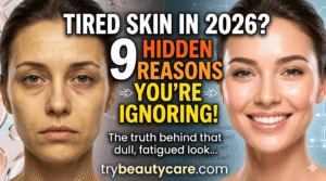 Woman with tired dull skin looking in mirror before skincare routine