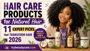 Hair care products for natural hair arranged with argan oil curl cream and conditioner on table