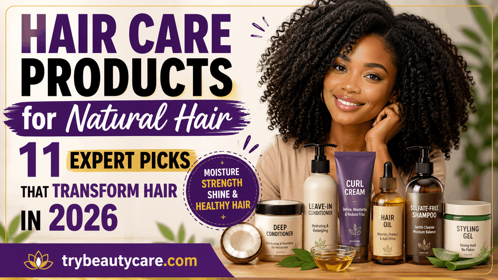 Hair care products for natural hair arranged with argan oil curl cream and conditioner on table