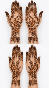 Elegant Arabic bridal mehendi design with bold floral patterns