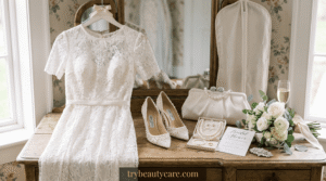 Elegant bridal accessories including pearl jewelry, heels, and a bridal clutch.