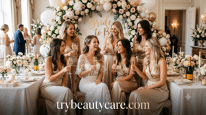 Bride celebrating with bridesmaids while wearing a fashionable bridal shower dress.