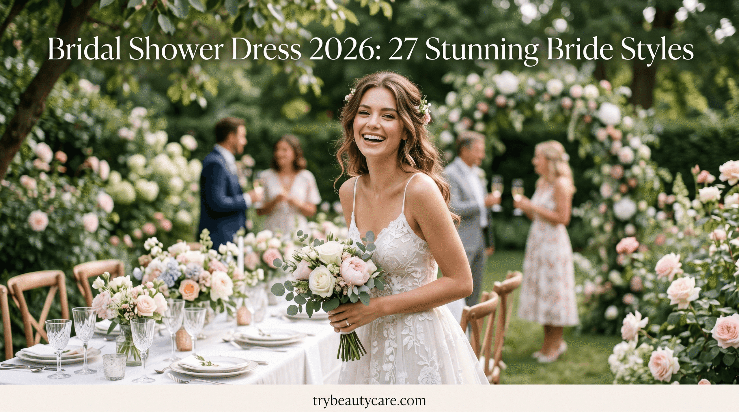 Bride wearing an elegant white bridal shower dress at a luxury garden celebration in 2026.