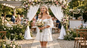 Bride wearing a classic white mini bridal shower dress in an outdoor garden setting.