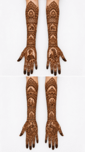 Contemporary bridal mehendi design with modern geometric elements