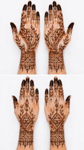 Full-arm bridal mehendi design extending above wrists
