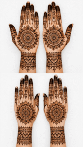 Mandala bridal mehendi design on front and back hands