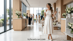 Bride wearing a minimalist satin midi bridal shower dress at a modern venue.