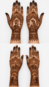Portrait bridal mehendi design featuring bride and groom artwork