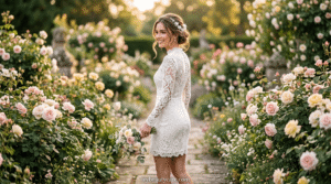 Bride in a romantic lace bridal shower dress surrounded by blooming flowers.