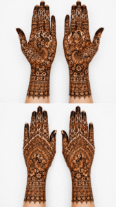 Royal full-hand bridal mehendi design with intricate wedding patterns