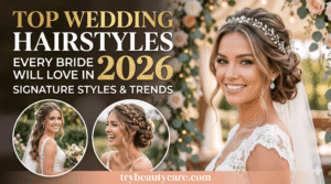 Elegant reception hairstyle for Indian bride with soft curls